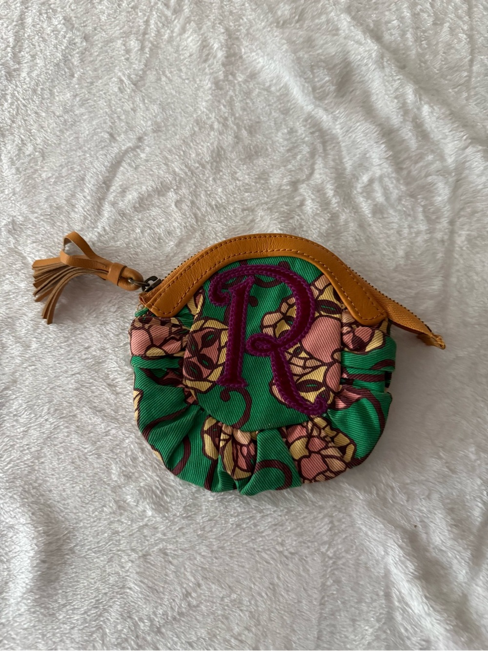 Anthropologie Round Floral Lucky Penny R Initial Coin Purse Bag cottagecore Boho